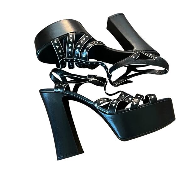Saint Laurent Black Leather Platform Heel Sandal Silver Hearts EU 40.5 US 10.5 - Picture 9 of 14